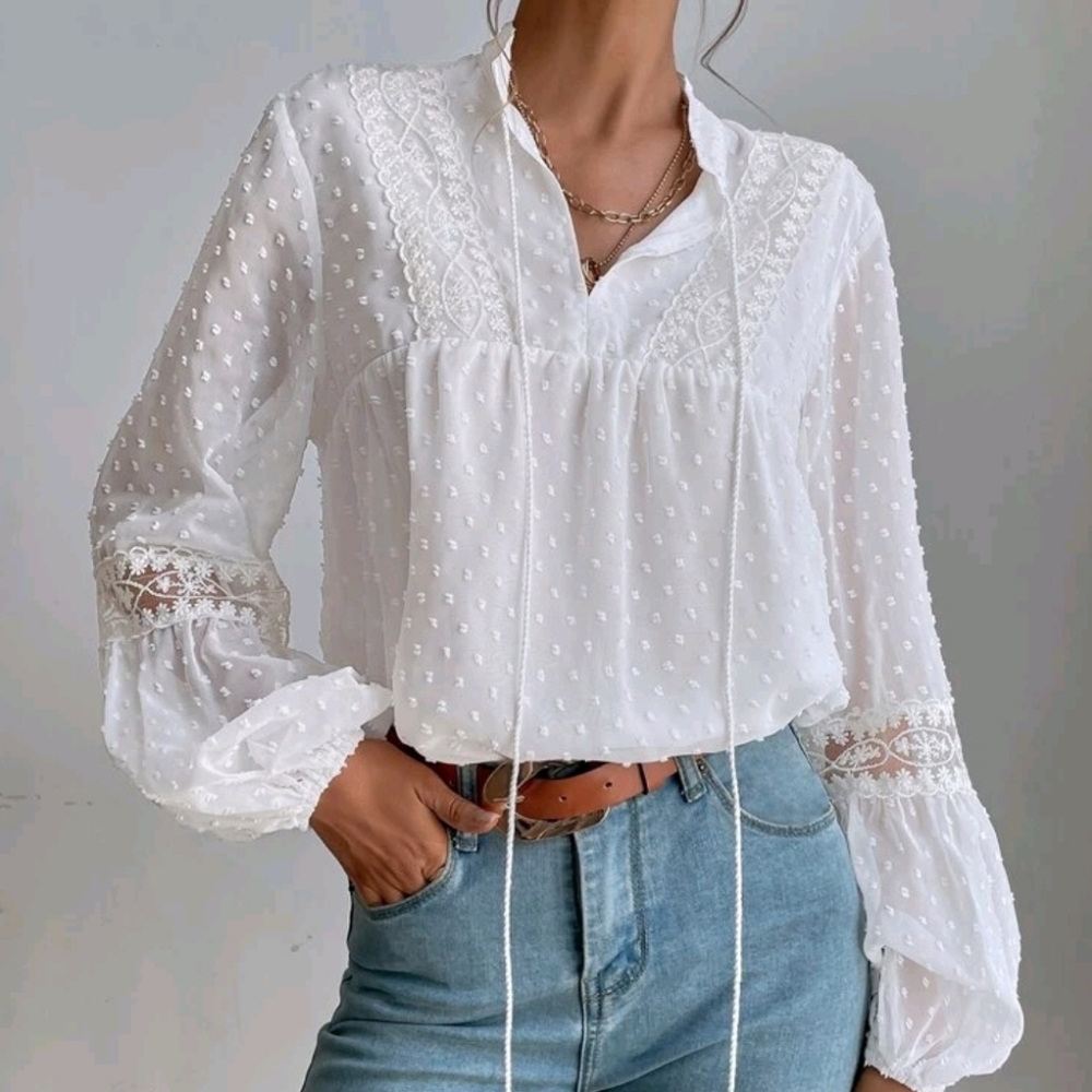 New Boho Lace Panel Sheer Dot Blouse Lantern Sleeve White